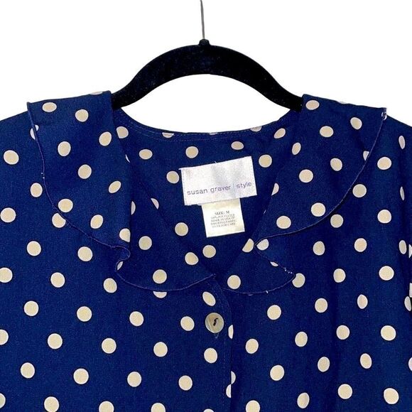 Susan Graver navy w polka dots button up gentle ruffle collar blouse M - Picture 5 of 9